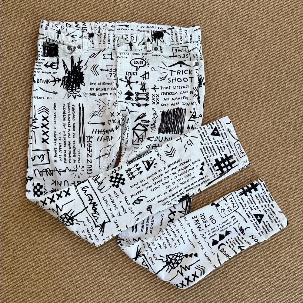 Tasso Narrow White Pants with Black Graffiti Sz M - Picture 5 of 5